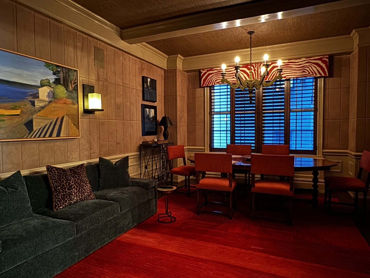 Cozy living room with warm lighting and wooden accents.
