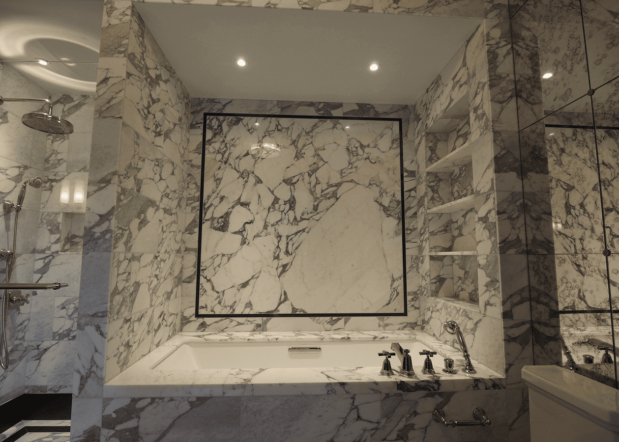 Elegant marble bathroom with framed mirror and sleek fixtures.