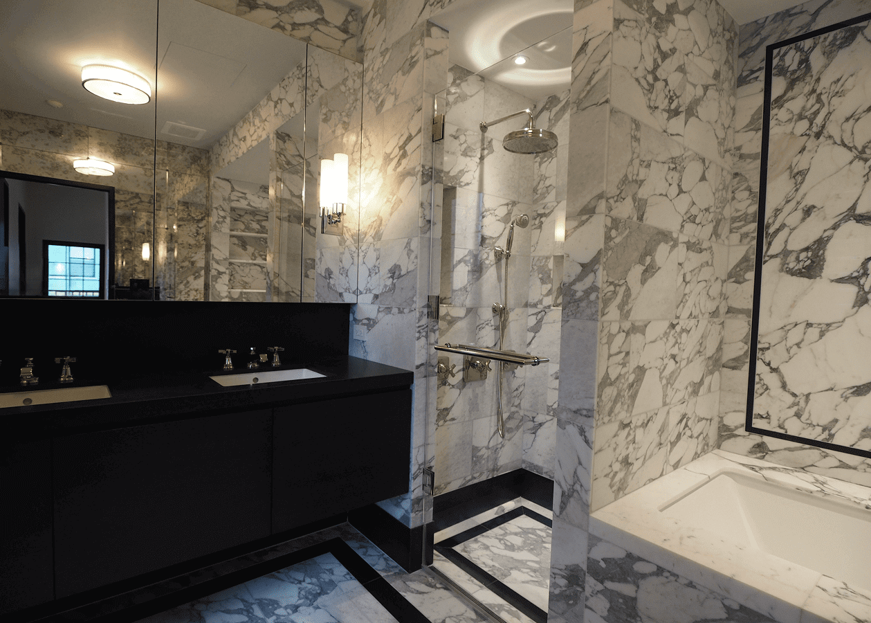 Luxurious bathroom with marble walls and modern fixtures.
