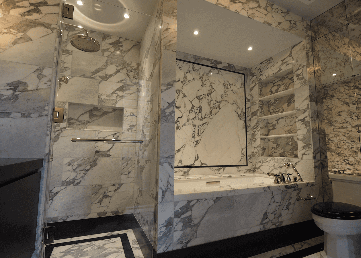 Luxurious bathroom with extensive white and gray marble finishes.