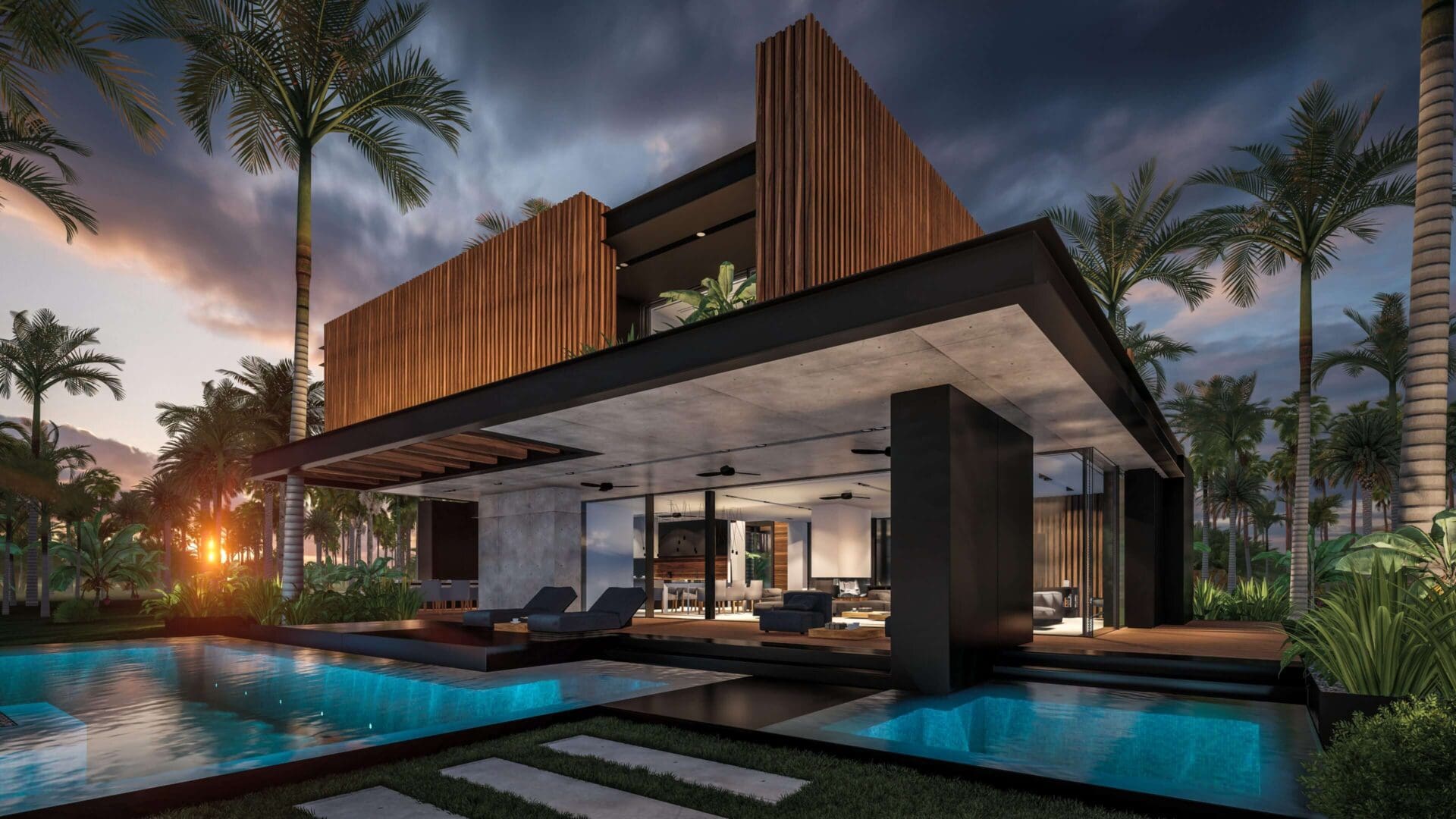 Modern luxury house with wooden facade and pool at night.