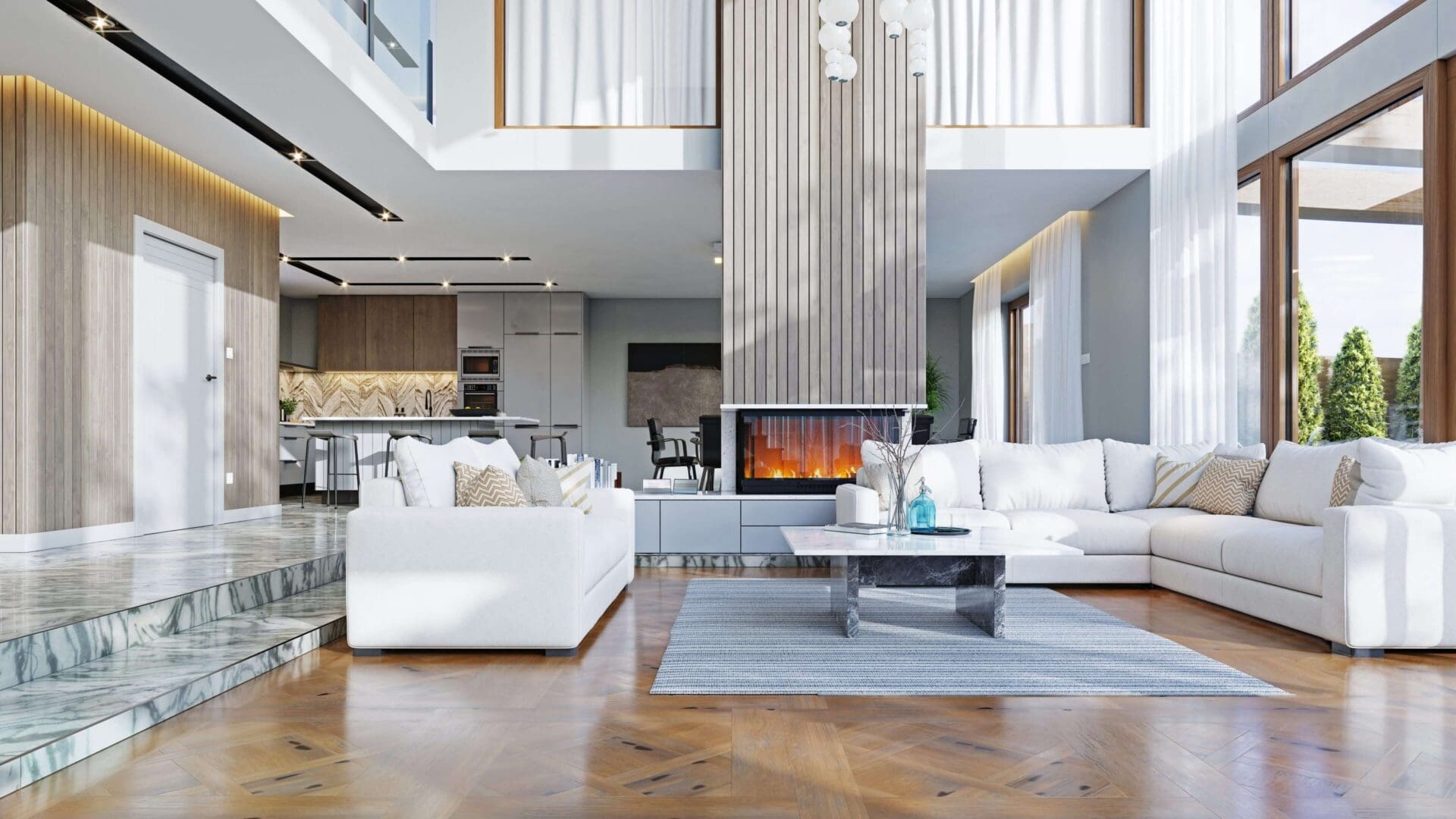 Modern living room with white sofas and a fireplace.